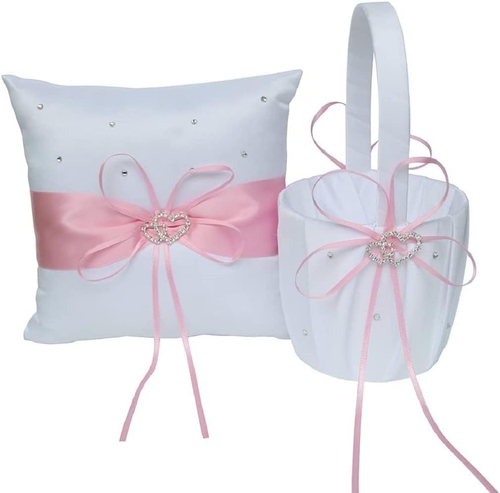 The Crafty Owl 2 Heart Rhinestones Ivort/Blue, Red, Purple, Black Trimming, Burlap,Pink Flowers or Champagne Satin Wedding Ring Bearer Pillow and Basket Set (White with Pink Trimming)