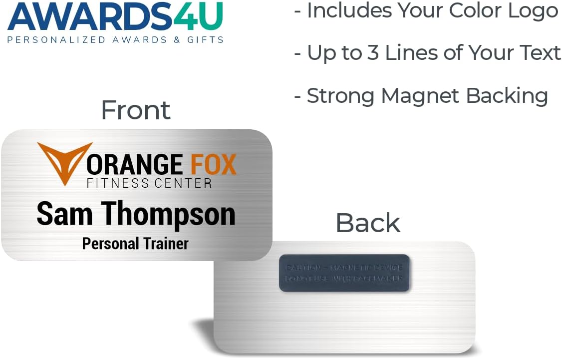 Custom Name Tag with Logo - Personalized Name Badge with Magnet Backing - Choose Your Size and Color (Silver Metal 3"x1.5" - Logo on Top)