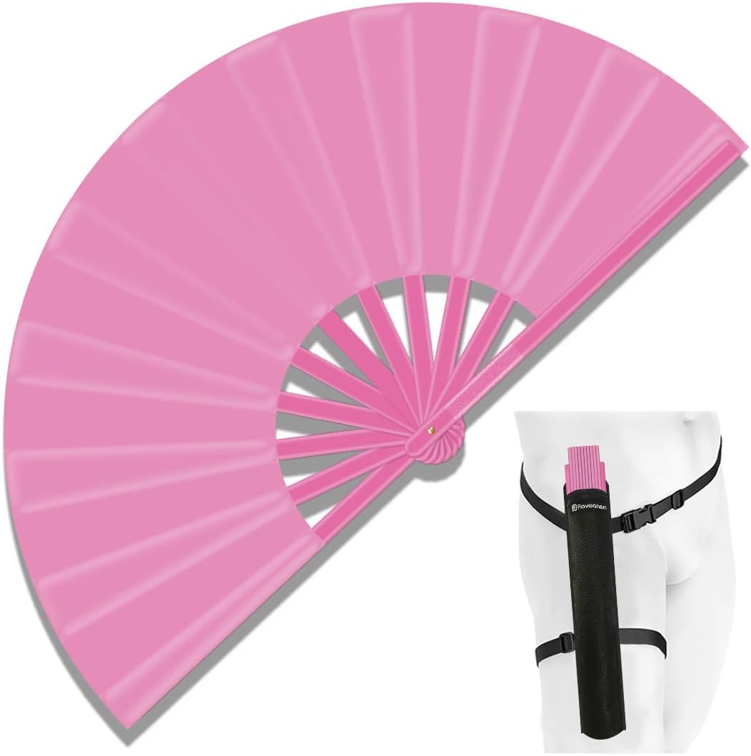 13" Large Folding Rave Fan with Holster, Clack Hand Fans Foldable for Line Dancing, Boots On The Ground Fan for Women Men Festival EDM Party Decoration, Pink