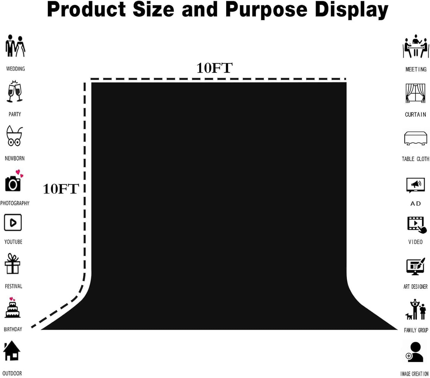 10x10ft Big Black Screen Backdrops Solid Black Photo Backdrops for Photoshoot, Photography Background for Meeting Wall, Party, Videos