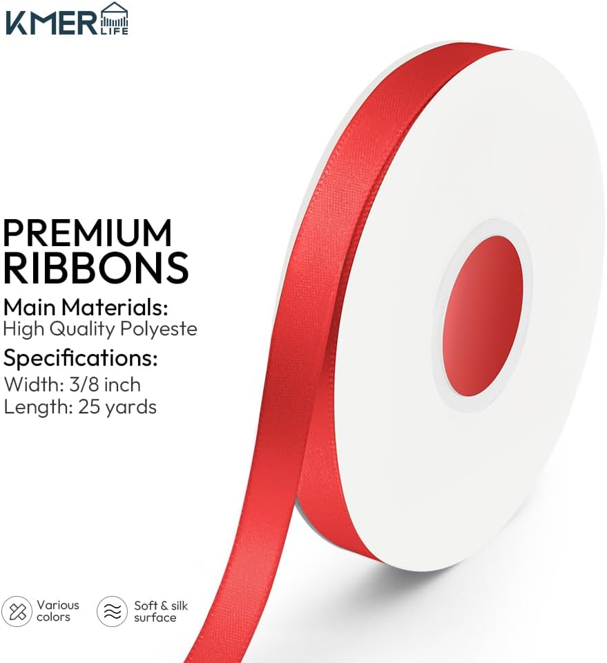 KMER LIFE 3/8 inch x 25 Yards Double Faced Polyester Red Satin Ribbon, Perfect for Gift Wrapping Very Suitable for Weddings Party Hair Bow Invitation Decorations and More