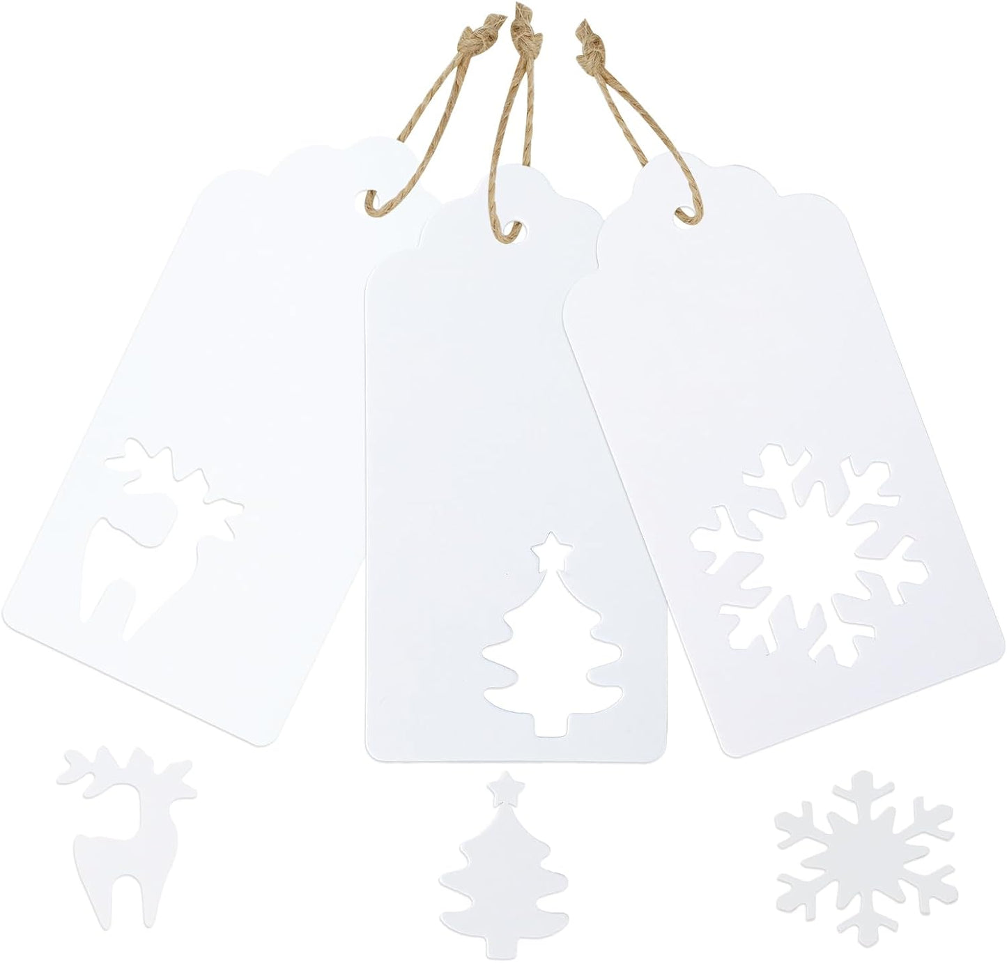 jijAcraft Christmas Gift Tags - 150Pcs Christmas Tags with String, Blank White Paper Hollow Trees, Rudolph, Snowflake Shapes Holiday Labels for Xmas Party Favors, DIY Crafts, Jar