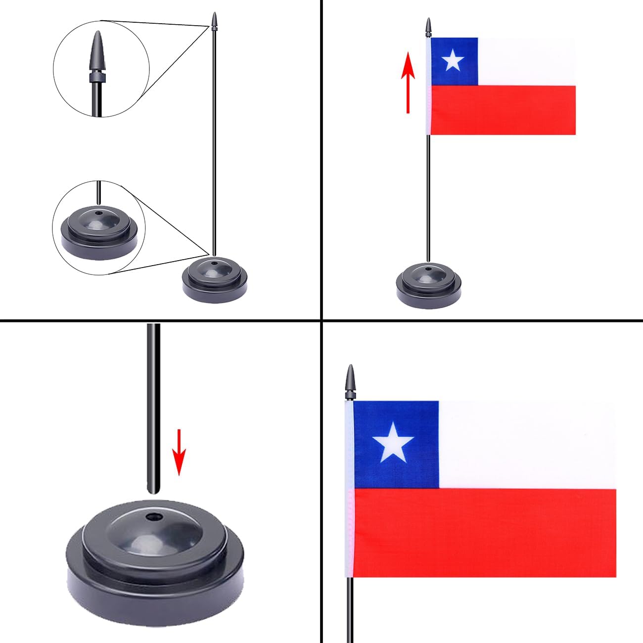WXTWK 2 Pack Chile Flag Chile Deluxe Desk Flag Set - Mini Small Chilean Table Office Flags with Black 12" Solid Pole Stand Base Classroom Meeting Desktop Decorations