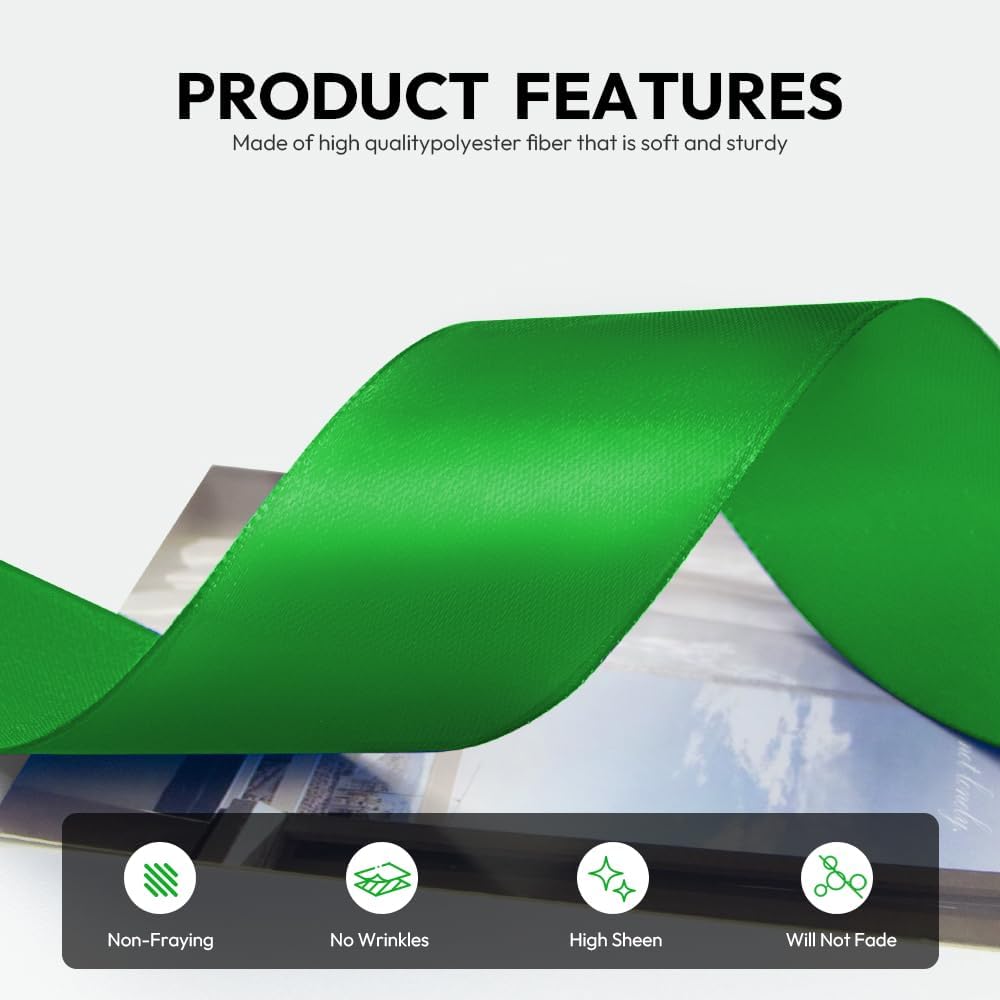 1-1/2 Inch 100 Yards Satin Ribbon Green, Solid Color Fabric Ribbon for Gift Wrapping, Wedding, Polyester Gift Ribbon for Birthday Party Decoration, Craft, Hair, Floral, Sewing