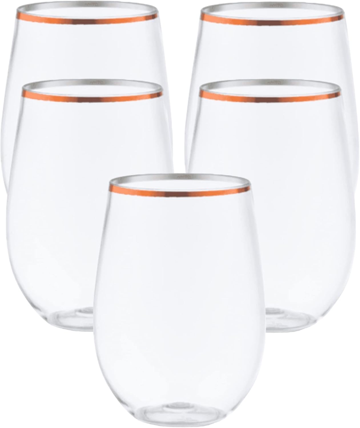 48 Pack 10 oz Small Plastic Stemless Wine Glasses with Rose Gold Rim – Disposable, Shatterproof, Crystal Clear Cups for Weddings, Parties, Events, and Toasts – Elegant & Reusable Drinkware