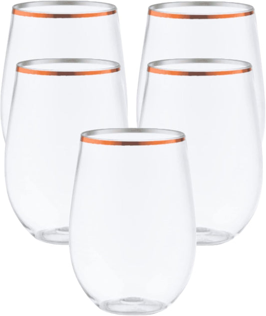 48 Pack 10 oz Small Plastic Stemless Wine Glasses with Rose Gold Rim – Disposable, Shatterproof, Crystal Clear Cups for Weddings, Parties, Events, and Toasts – Elegant & Reusable Drinkware