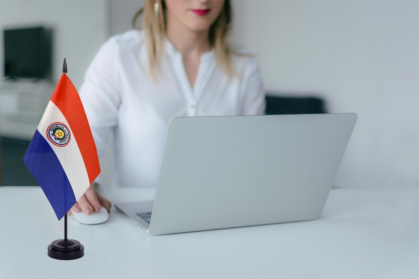 WXTWK 2 Pack Paraguay Flag Paraguay Deluxe Desk Flag Set - Mini Small Paraguay Table Office Flags with Black 12" Solid Pole Stand Base Classroom Meeting Desktop Decorations