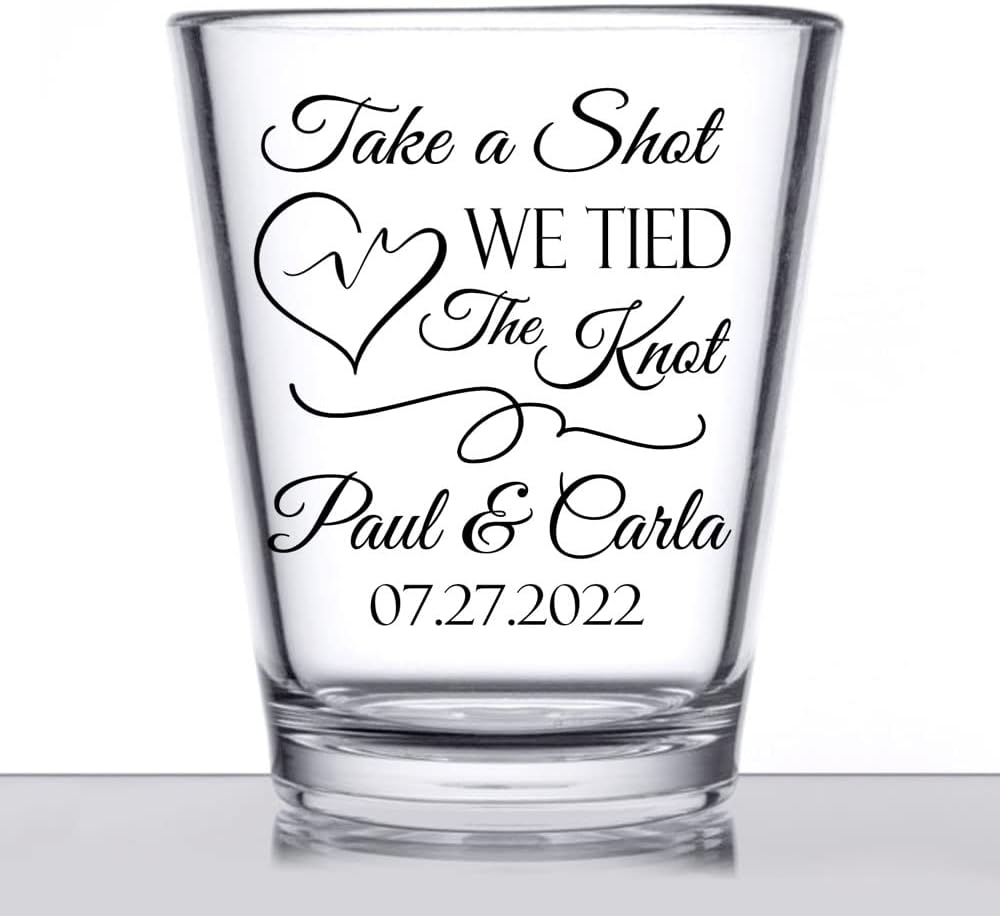Personalized wedding shot glasses, take a shot we tied the knot, cute customizable wedding favors for guests, custom shot glasses, personalized wedding favors, wedding glasses