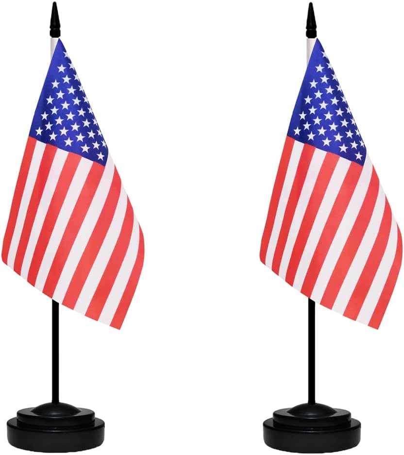US American Deluxe Desk Table Flag Set Small Mini Miniature USA Table Desktop Flags With Solid Pole, Black Base and Spear Top(2 Pack)