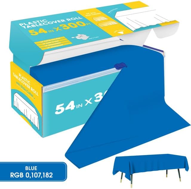 Blue Plastic Table Cover Roll - 54IN x 300FT, Table Cloth for Rectangle Table with Slide Cutter, Plastic Table Cloth Disposable with Cut-to-Size Design for Weddings, Banquets, Parties