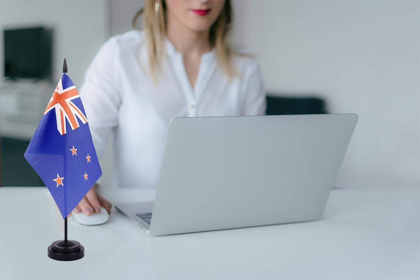 WXTWK 2 Pack New Zealand Flag New Zealand Deluxe Desk Flag Set - Mini Small New Zealand Table Office Flags with Black 12" Solid Pole Stand Base Classroom Meeting Desktop Decorations