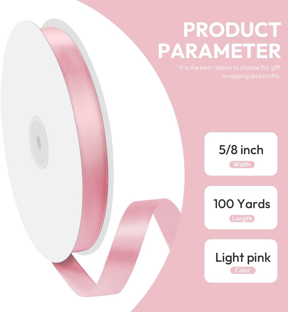 5/8" x 100 Yards Single Face Polyester Satin Ribbon - Light Pink Silk Ribbon with Spool - Ideal for Gift Wrapping, Floral Bouquets, Crafts, Wedding Party Decorations, Christmas and Sewing Projects