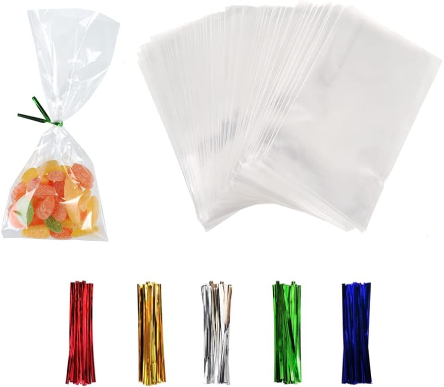 XLSFPY 100PCS Clear Cellophane Treat Bags with 100PCS Twist Ties, 3x4 OPP Rice Crispy Bags for Gift Goodie Favor Candy Cake Pop Birthday Party Cookies Christmas New Year Wedding Party (3'' x 4'')