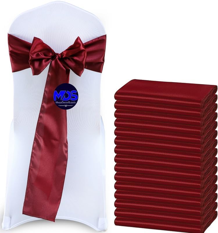 MDS Pack of 25 PCS Satin Chair Sashes Charmeuse Sateen Dining Chair Bows Ribbon Ties Back Sash for Wedding Party Birthday Home Hotel Restaurant Banquet Decoration (7 x 108 Inch, Maroon)