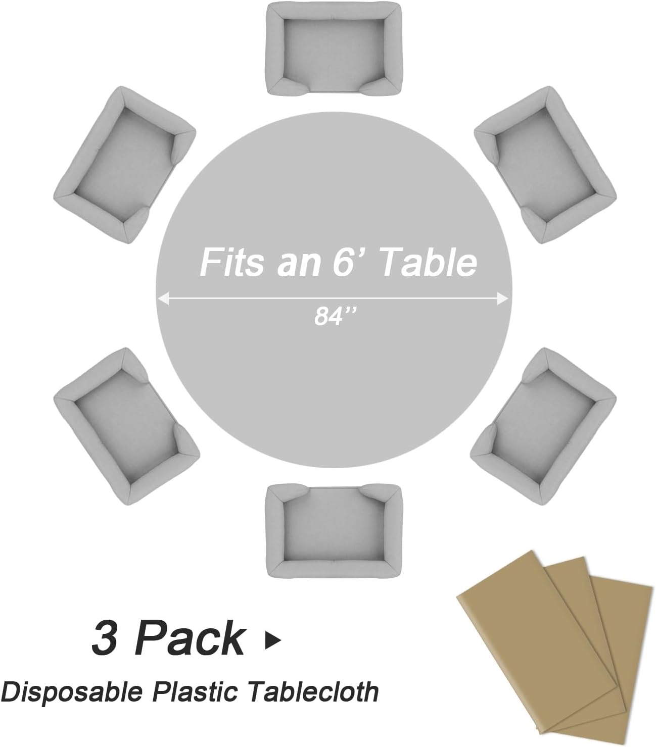QIKSION Gold Round Tablecloth 3 Pack, 84 Inch Plastic Table Cover Disposable for Parties