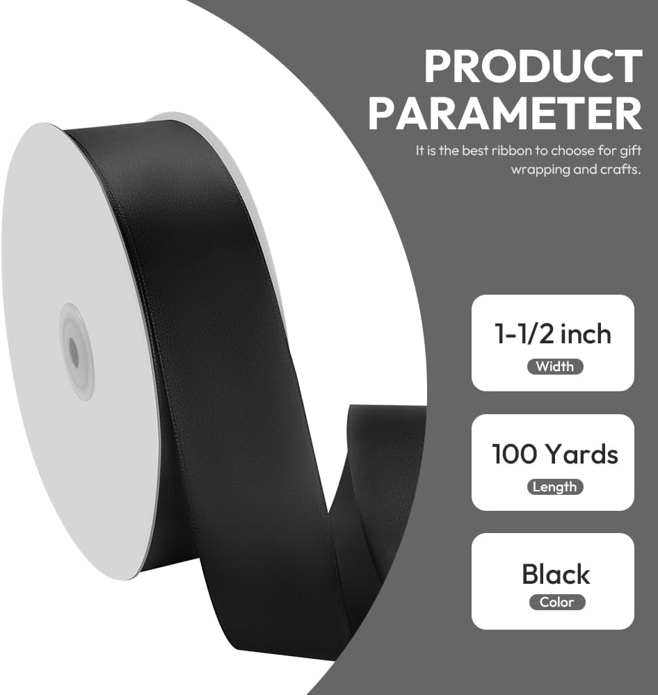 1-1/2" x 100 Yards Wide Satin Ribbon, Black Ribbon 1 1/2 inch, Gift Ribbon for Gift Wrapping, Flower Bouquet, Crafts, Wedding Party Decorations, Christmas and Handmade