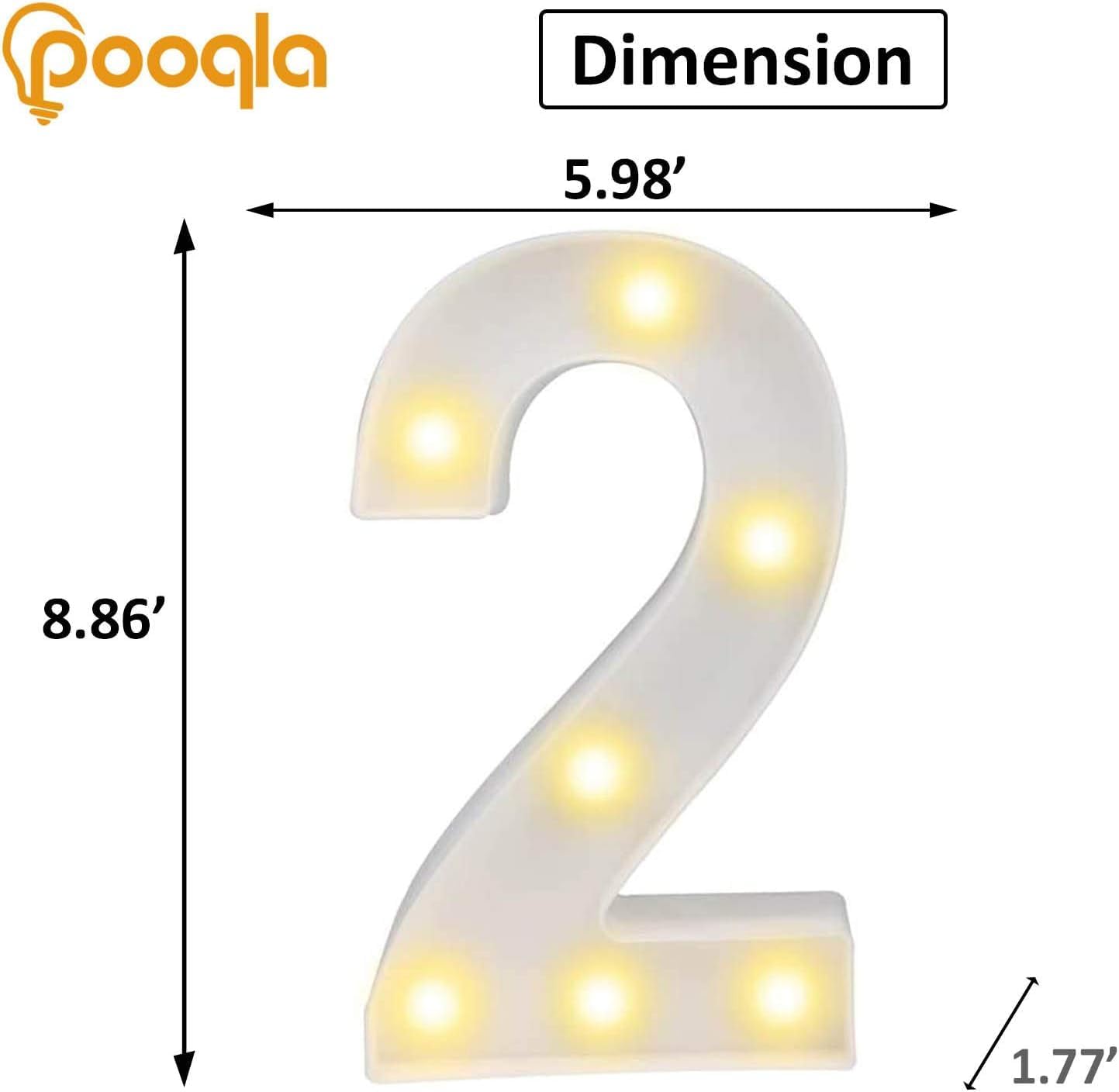 Pooqla LED Light Up Numbers, Warm White and Cool White Decorative Lighted Marquee Numbers, Light Up Numbers for Boys Girls Party, Wedding, Bar, Night Light, Room Decor, Birthday Decoration, Number 2