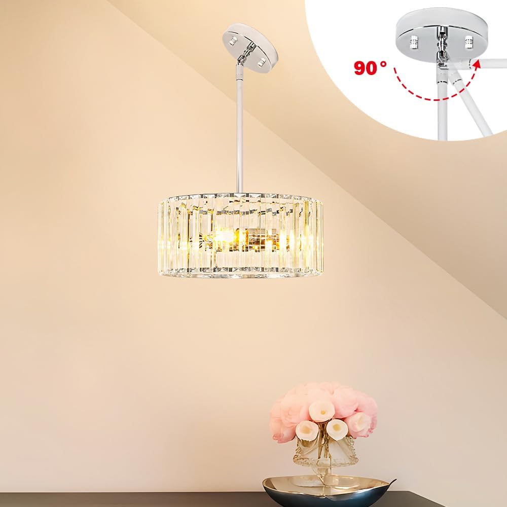 Modern Crystal Chandelier for Dining Room, Chrome Semi Flush Mount Ceiling Light Fixtures, Round Kitchen Hanging Drum Pendant Lights Ceiling, 12” Crystal Pendant Lighting for Foyer Bedroom Living Room