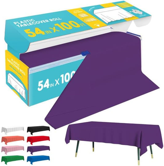 Purple Plastic Table Cover Roll - 54IN x 100FT, Table Cloth for Rectangle Table with Slide Cutter, Plastic Table Cloth Disposable with Cut-to-Size Design for Weddings, Banquets, Parties