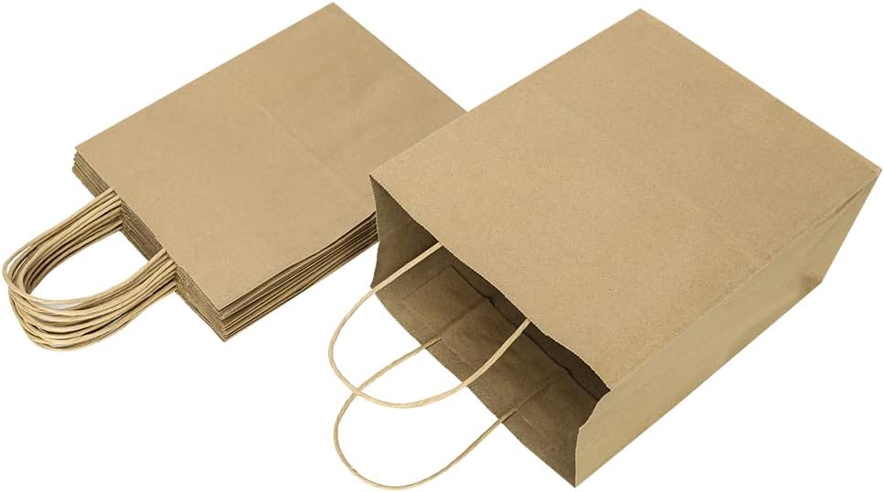 Oikss 50 Pack 8x4.75x10 Inch Medium Brown Kraft Paper Bags with Handles Bulk for Birthday Wedding Party Favors Grocery Retail Shopping Business Goody Craft Gift Bags Sacks (Plain Natural 50 Count)