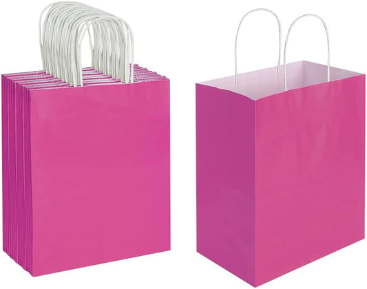 Oikss 50 Pack 8x4.75x10 Inch Medium Hot Pink Kraft Paper Bags with Handles Bulk for Birthday Wedding Party Favors Grocery Retail Shopping Business Goody Craft Gift Bags Sacks (Fuchsia 50pcs Count)