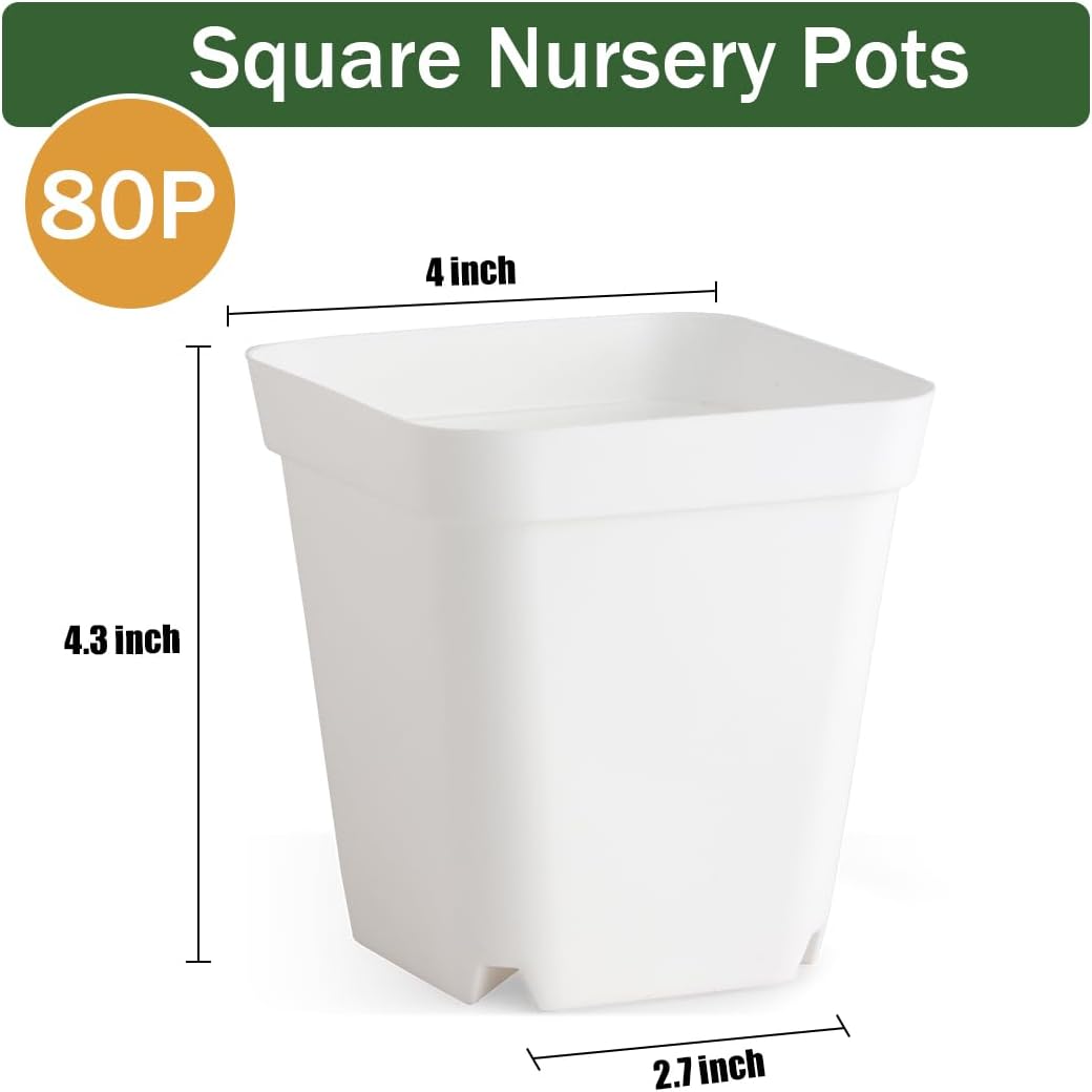 BTPLASTIK 80 Pcs Nursery Pots 4 Inch, Plastic Seed Starting Pot with Drainage Holes, Small Sturdy Seedling pots for Planting, Succulents, Transplanting, Cuttings (White)