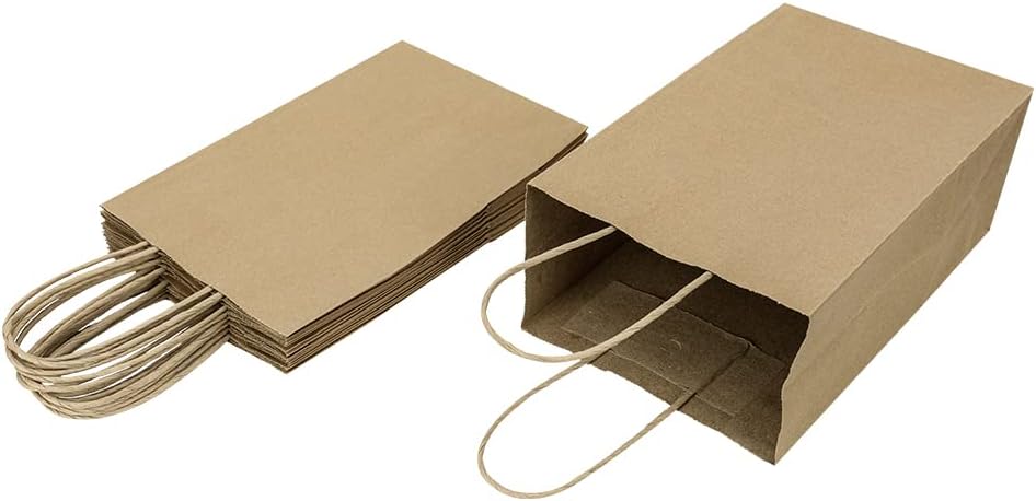 Oikss 50 Pack 5.25x3.25x8.25 Inch Small Brown Gift Bags with Handles Bulk for Birthday Party Favors Grocery Retail Shopping Business Goody Kraft Craft Paper Bags Cub Sacks (Plain Natural 50 Count)