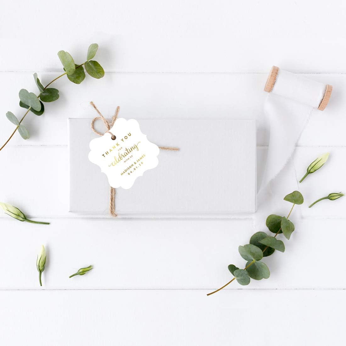 Andaz Press Personalized Fancy Frame Square Wedding Gift Tag, Metallic Gold Custom Tags, Thank You for Celebrating with US, 24-Pack, Custom Name Thank You Tag, 2x2 Personalized Gift Tags for Favors