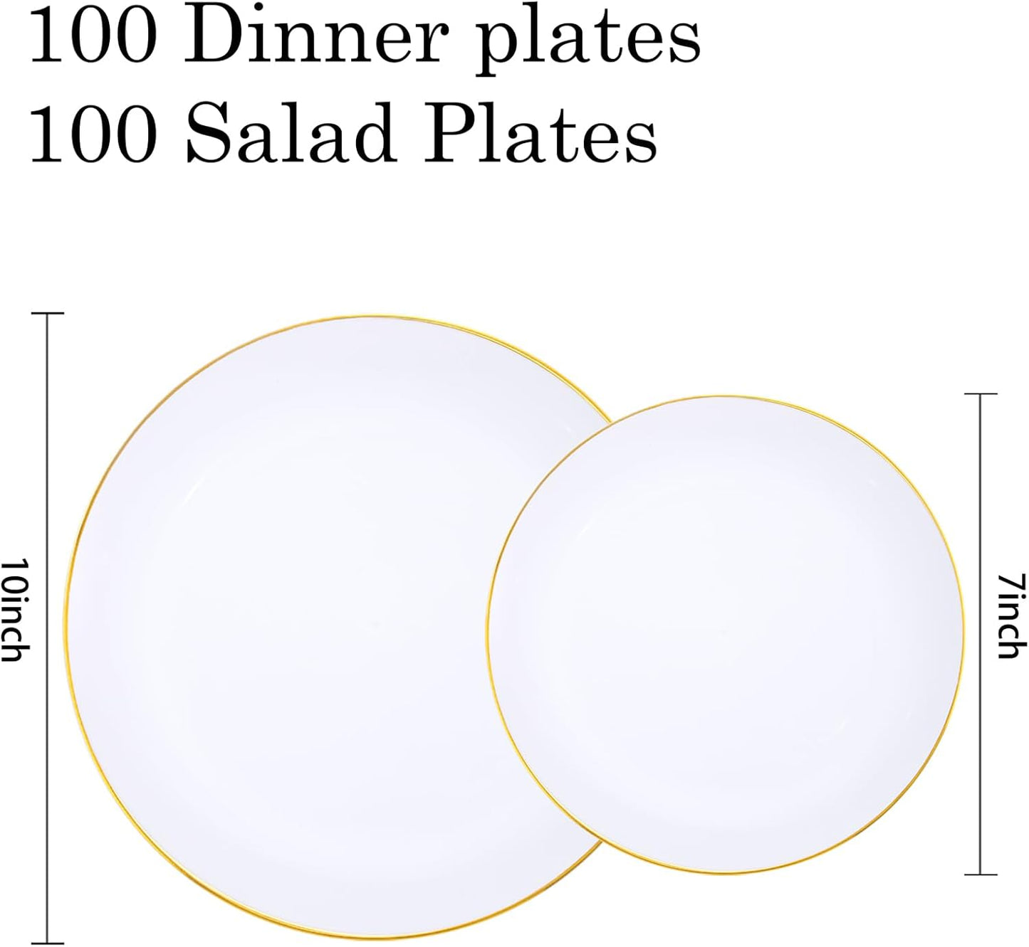 KIRE 200PCS Gold Plastic Plates - Disposable Plates for Party - White Plastic Plates with Gold Rim Include 100 for Dinner and 100 for Dessert/Salad in Wedding/Thanksgiving
