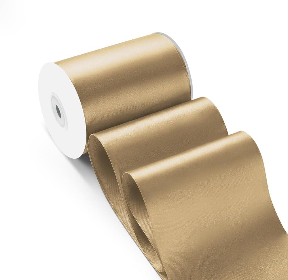 4 Inch 25 Yard Wide Satin Ribbon Champagne Gold, Solid Fabric Large Ribbon Roll for Cutting Ceremony Wedding Opening Party Decoration, Chairs, Sewing, Festival Pageant Sashes