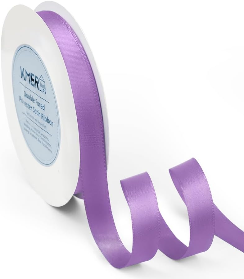 Double Faced Lavender Satin Ribbon, 5/8" x 50 Yards Ribbons, Perfect for Crafts, Wedding Decor, Bow Making, Sewing, Gift Package Wrapping and More