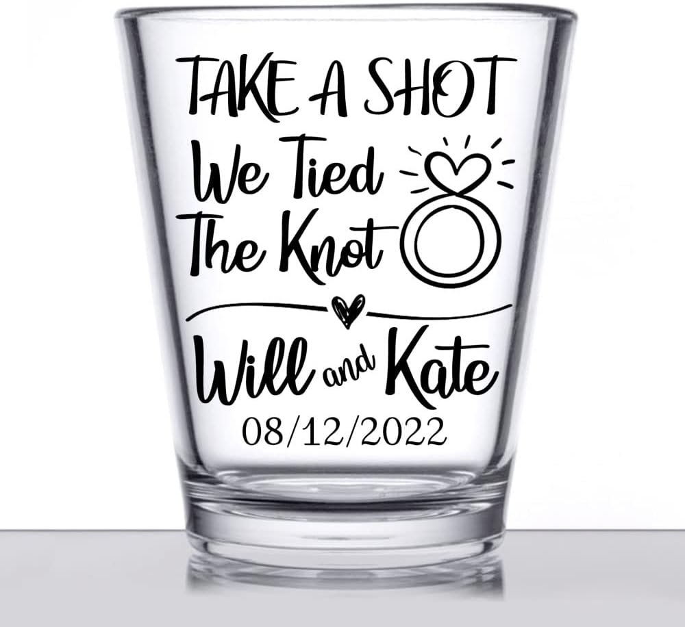 Personalized wedding shot glasses, take a shot we tied the knot, cute customizable wedding favors for guests, custom shot glasses, personalized wedding favors, wedding glasses