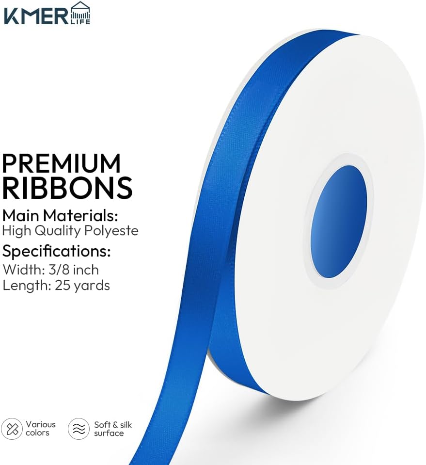 KMER LIFE 3/8 inch x 25 Yards Double Faced Polyester Royal Blue Satin Ribbon, Perfect for Gift Wrapping Very Suitable for Weddings Party Invitation Decorations and More