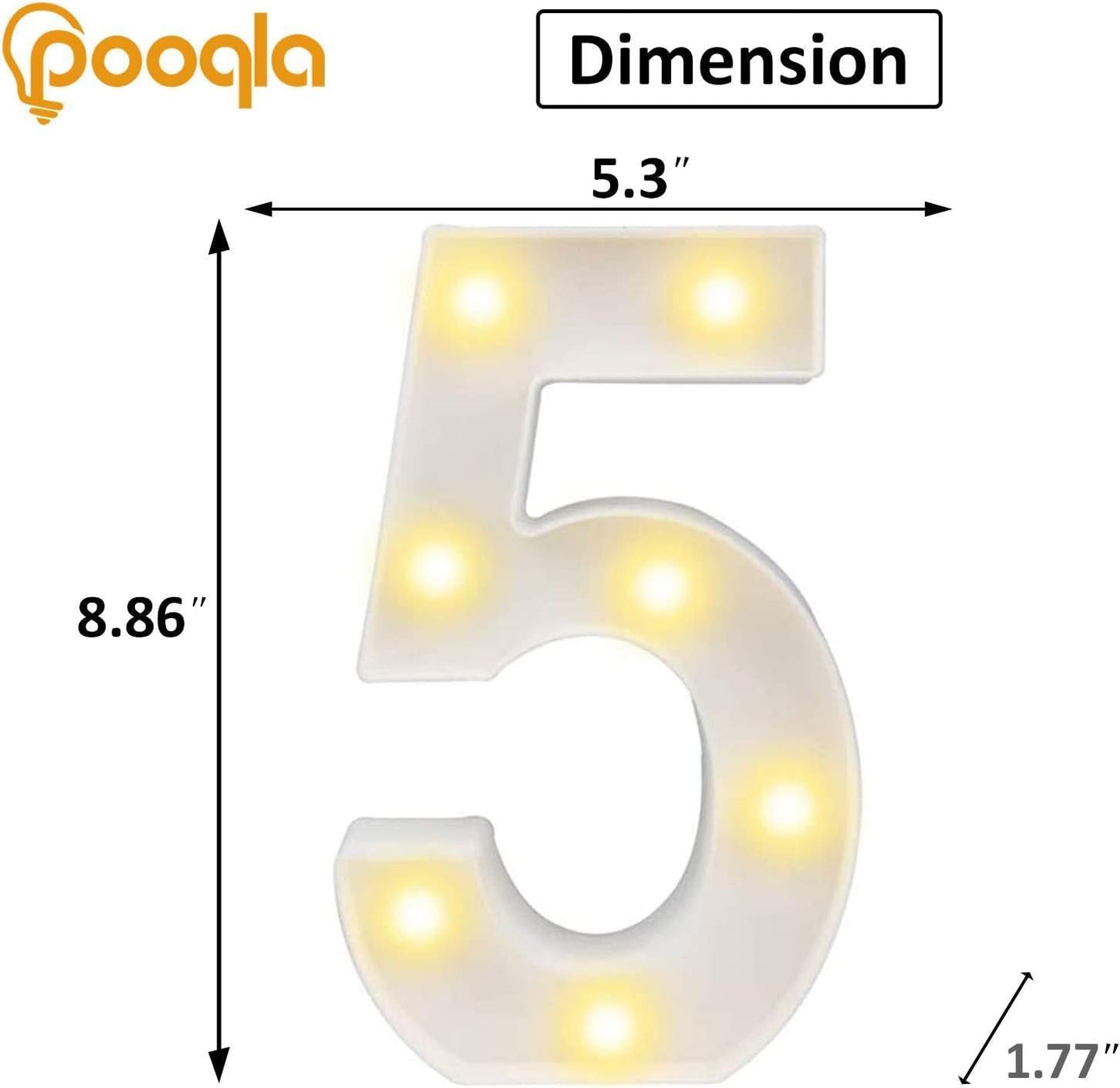 Pooqla LED Light Up Numbers, Warm White and Cool White Decorative Lighted Marquee Numbers, Light Up Numbers for Boys Girls Party, Wedding, Bar, Night Light, Room Decor, Birthday Decoration, Number 5