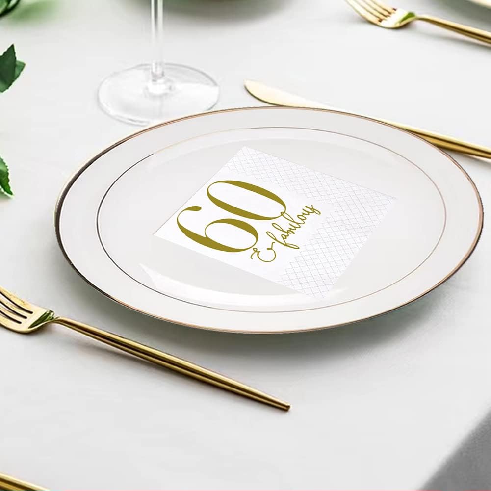 SharkBliss 60 and Fabulous Birthday Cocktail Napkins, 100 Pack Gold 60 and Fabulous Happy Birthday Cocktail Beverage Napkins for His Her Sixty 60th Birthday | 2-Ply, 5x5" (60 and Fabulous Napkins)