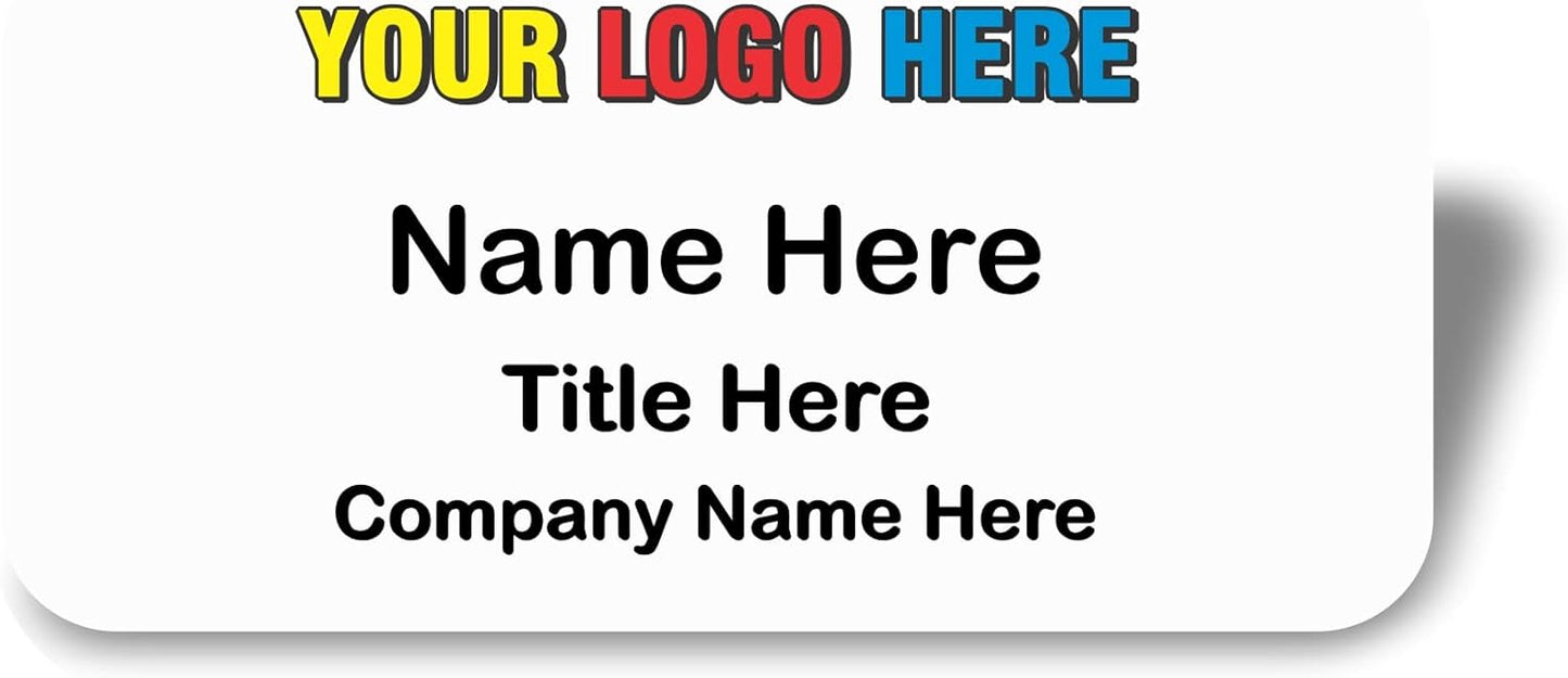 Custom Name Tag with Logo - Personalized Name Badge with Magnet Backing - Choose Your Size and Color (White Metal 3"x1.5" - Logo on Top)
