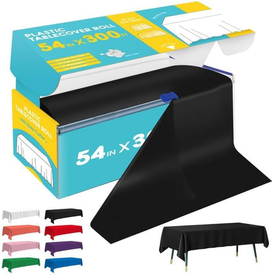 Black Plastic Table Cover Roll - 54IN x 300FT, Table Cloth for Rectangle Table with Slide Cutter, Plastic Table Cloth Disposable with Cut-to-Size Design for Weddings, Banquets, Parties