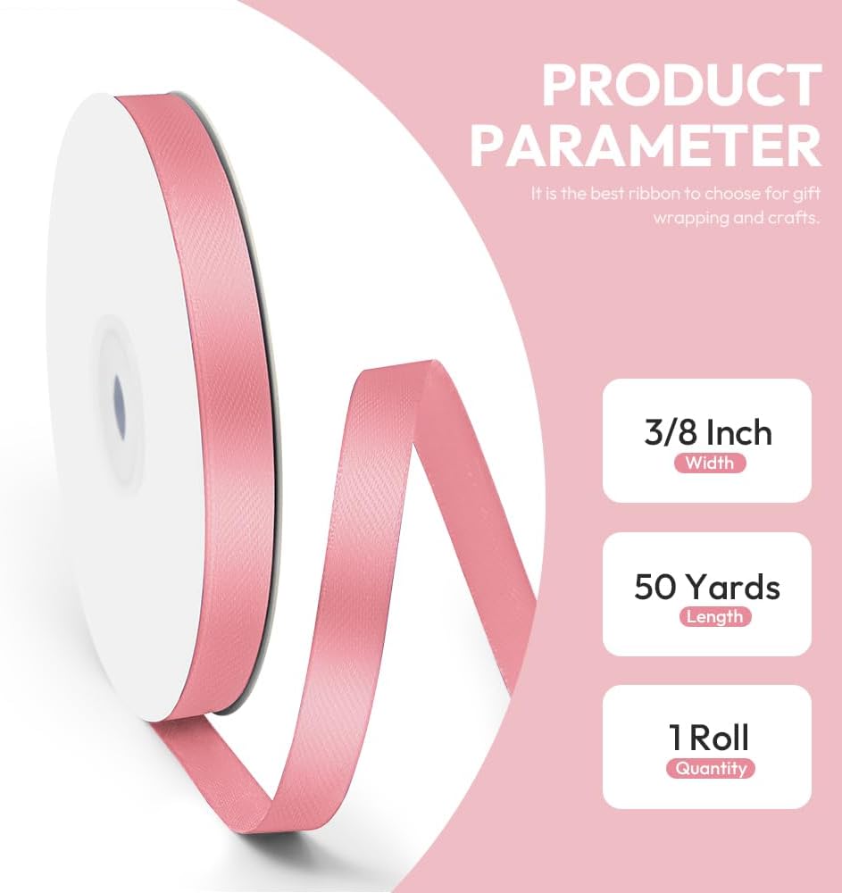 3/8" x 50 Yards Satin Ribbon - Pink Silk Ribbon with Spool - Ideal for Gift Wrapping, Floral Bouquets, Crafts, Wedding Party Decorations, Christmas and Sewing Projects