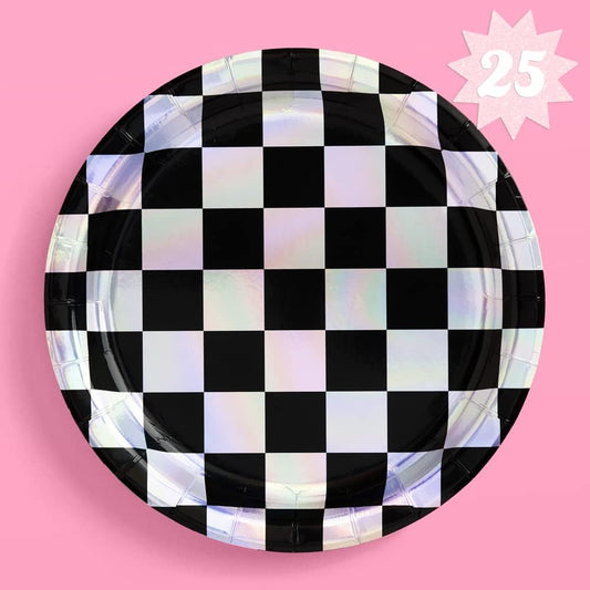 xo, Fetti Black and Iridescent Checker Paper Plates - 25 pack | Happy Birthday Party Decorations, Cute Bachelorette Party, Cool Cake Plates, Checker Disposable Party Plates