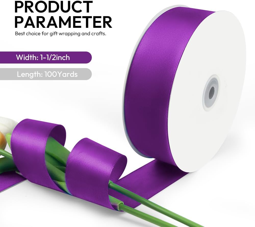 1-1/2 Inch 100 Yards Satin Ribbon Purple, Solid Color Fabric Ribbon for Gift Wrapping, Wedding, Polyester Gift Ribbon for Birthday Party Decoration, Craft, Hair, Floral, Sewing