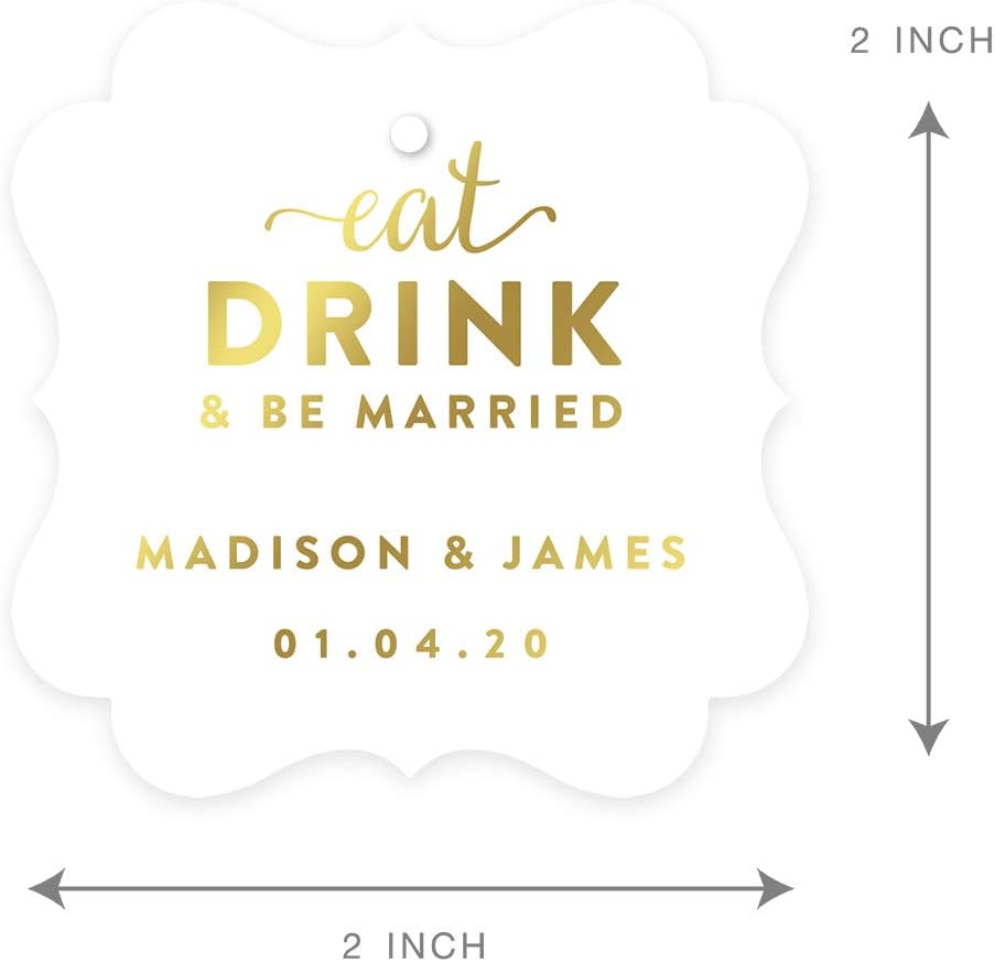 Andaz Press Personalized Fancy Frame Square Wedding Gift Tags, Metallic Gold Ink, Eat Drink and Be Married, 24-Pack, Custom Made Any Name