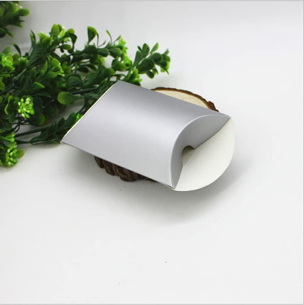 Aokbean 100 Pack Mini Pillow Candy Box Small Gift Boxes with 50 Yards Ribbon for Christmas Wedding Party Favor Gift, Jewelry or Soap Packaging (Pure Silver)