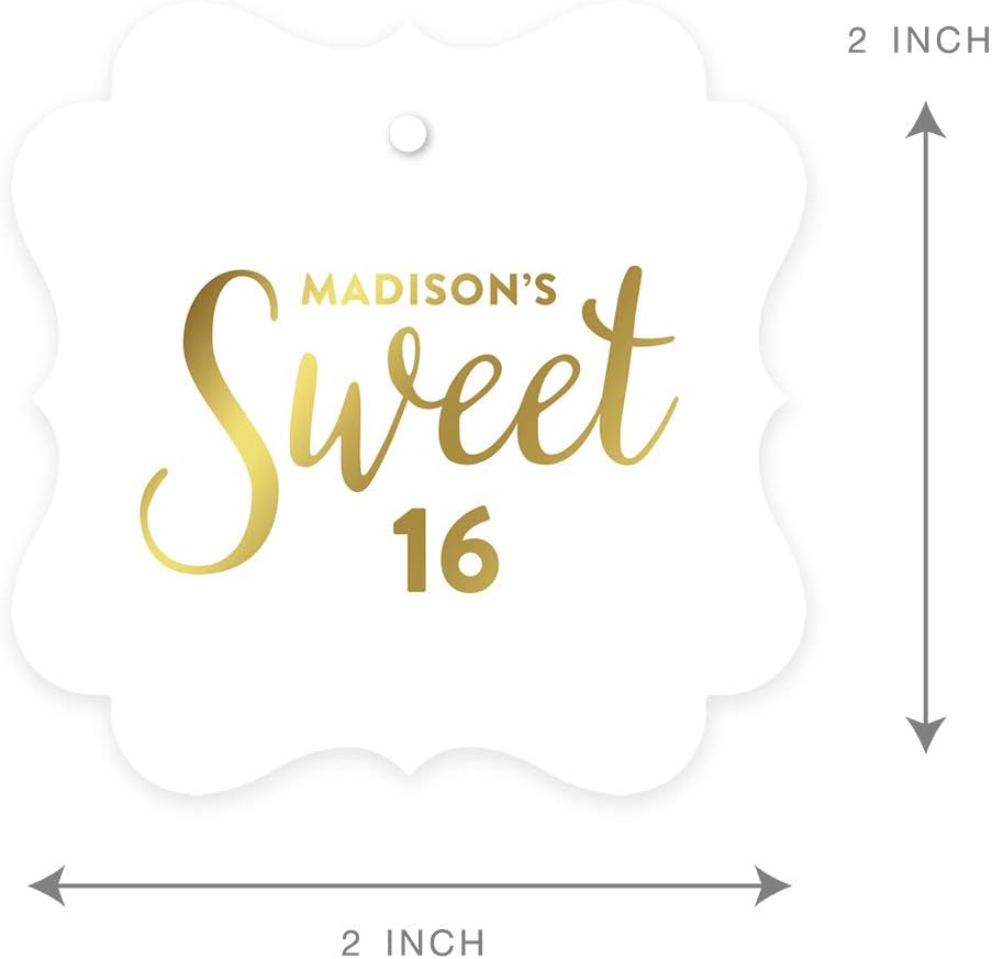 Andaz Press Personalized Fancy Frame Square Birthday Gift Tags, Metallic Gold Ink, Sweet 16 Birthday, 24-Pack, Custom Made Name, Gold Party Decor