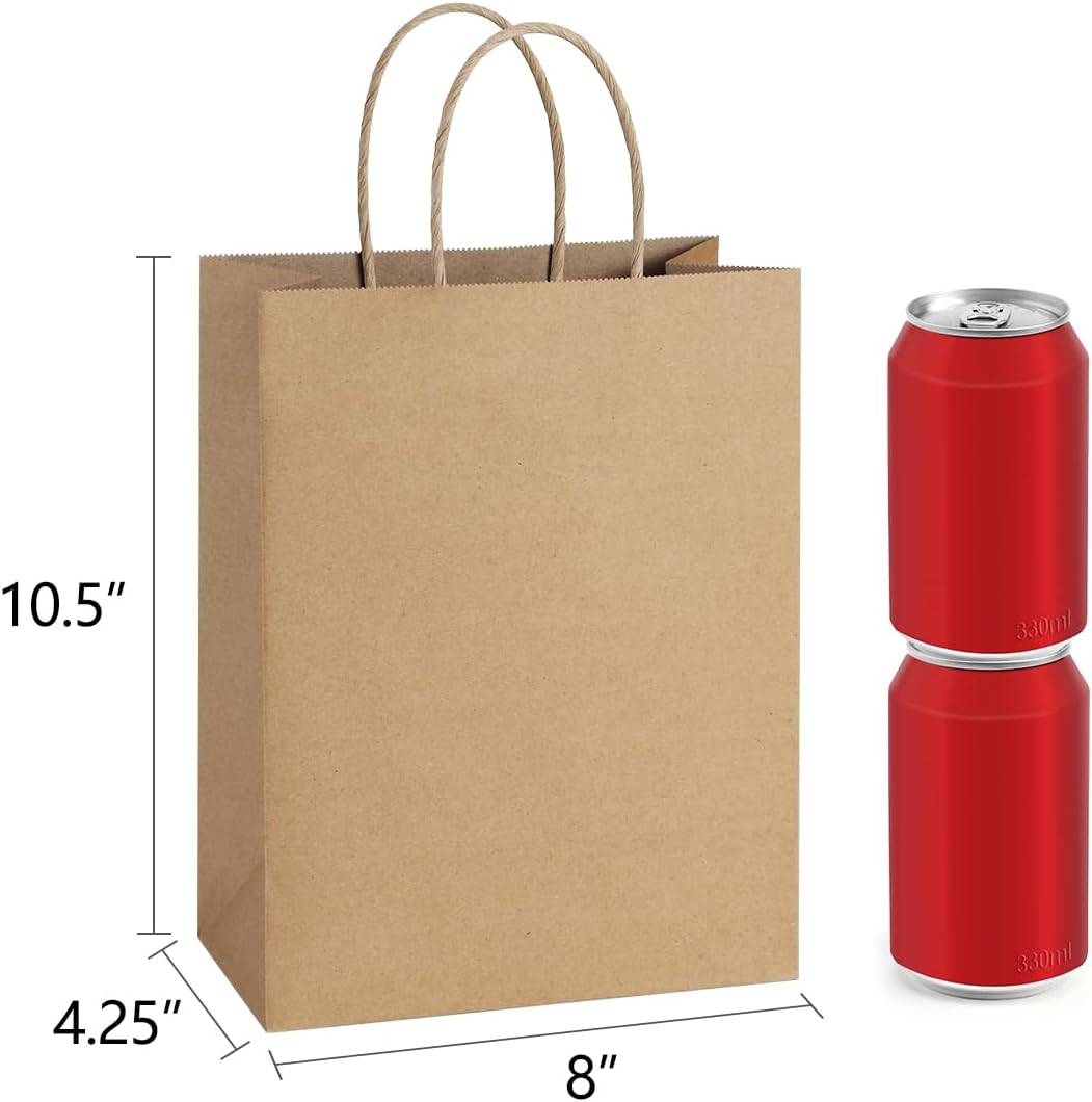 BagDream 50Pcs Gift Bags 8x4.25x10.5 Kraft Paper Gift Bags with Handles Bulk, for Shopping, Retail, Merchandise, Party Favor, Wedding, Birthday Brown Paper Sacks