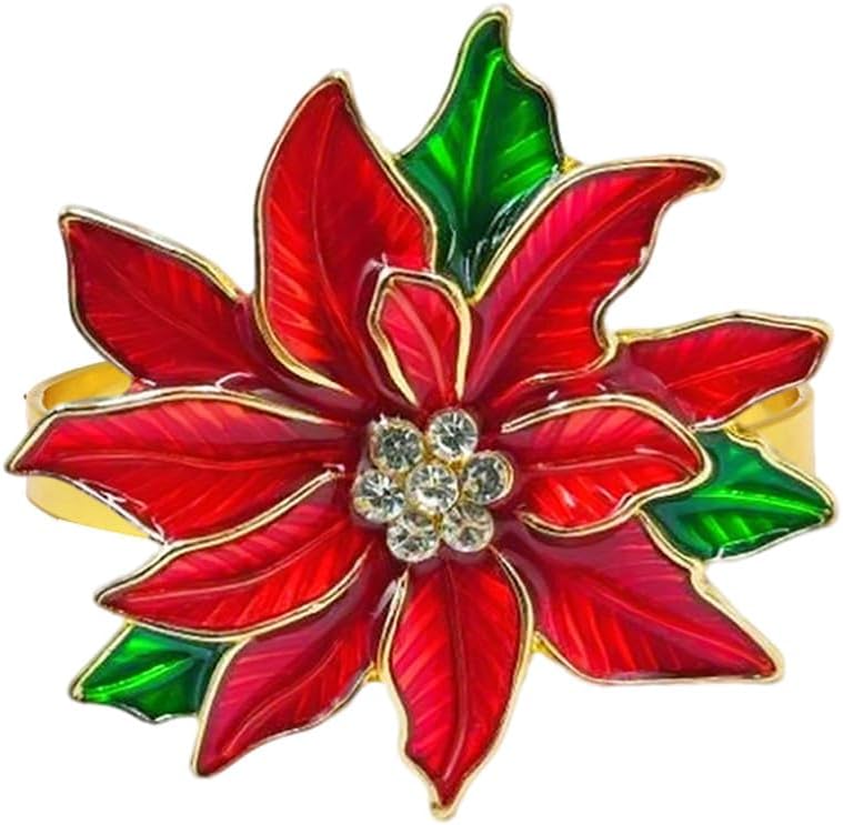Poinsettia Napkin Rings Set of 6, Xmas Party Red Flower Napkin Holder Buckles, Thanksgiving Christmas Napkin Rings (Dark Red, One Size)