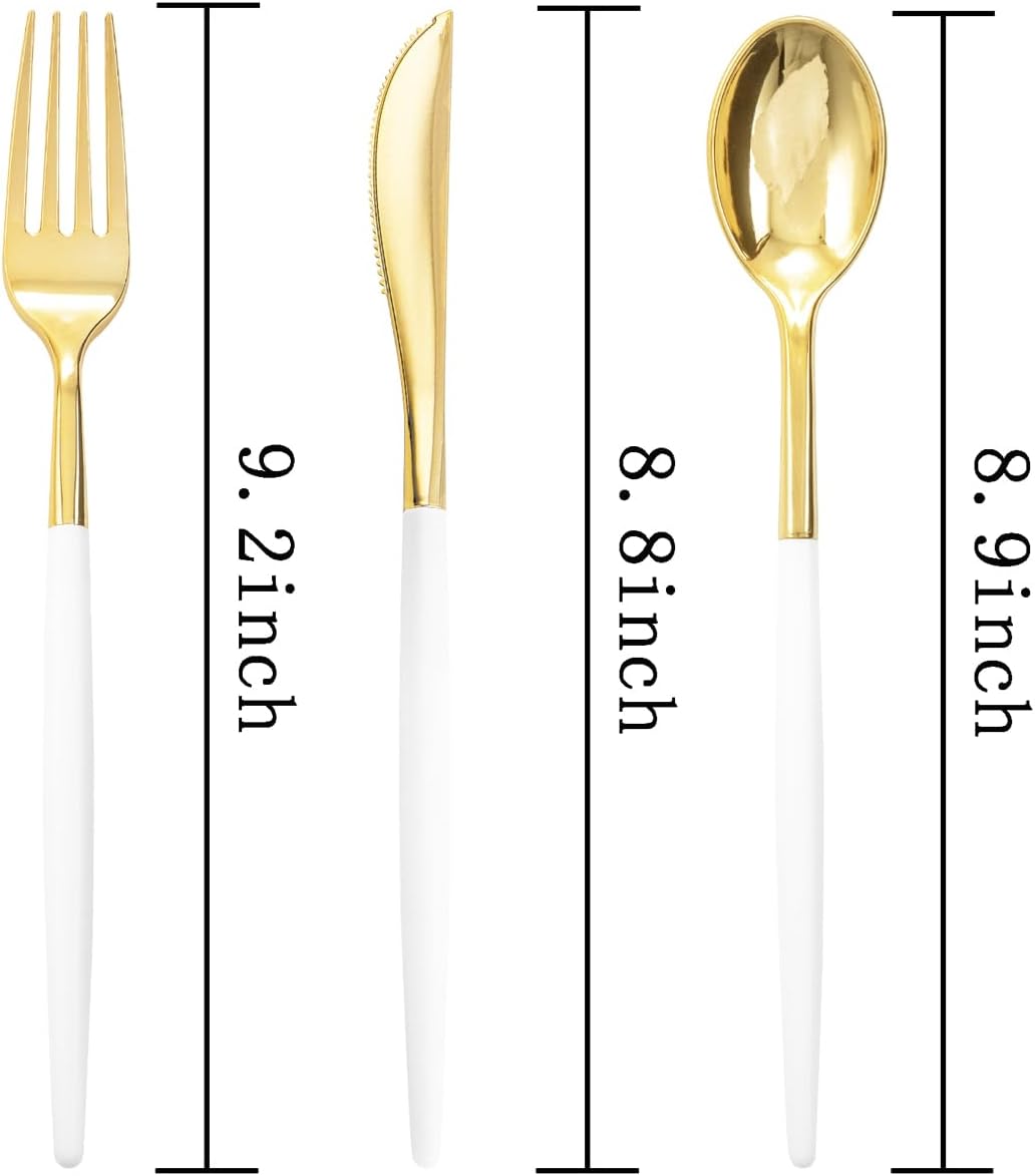Rubtlamp 96 Pcs Gold Plastic Silverware, Gold Plastic Utensils with White Handle, Cutlery Set Disposable Includes: 32 Knives, 32 Plastic Spoons And 32 Forks for Wedding And Party