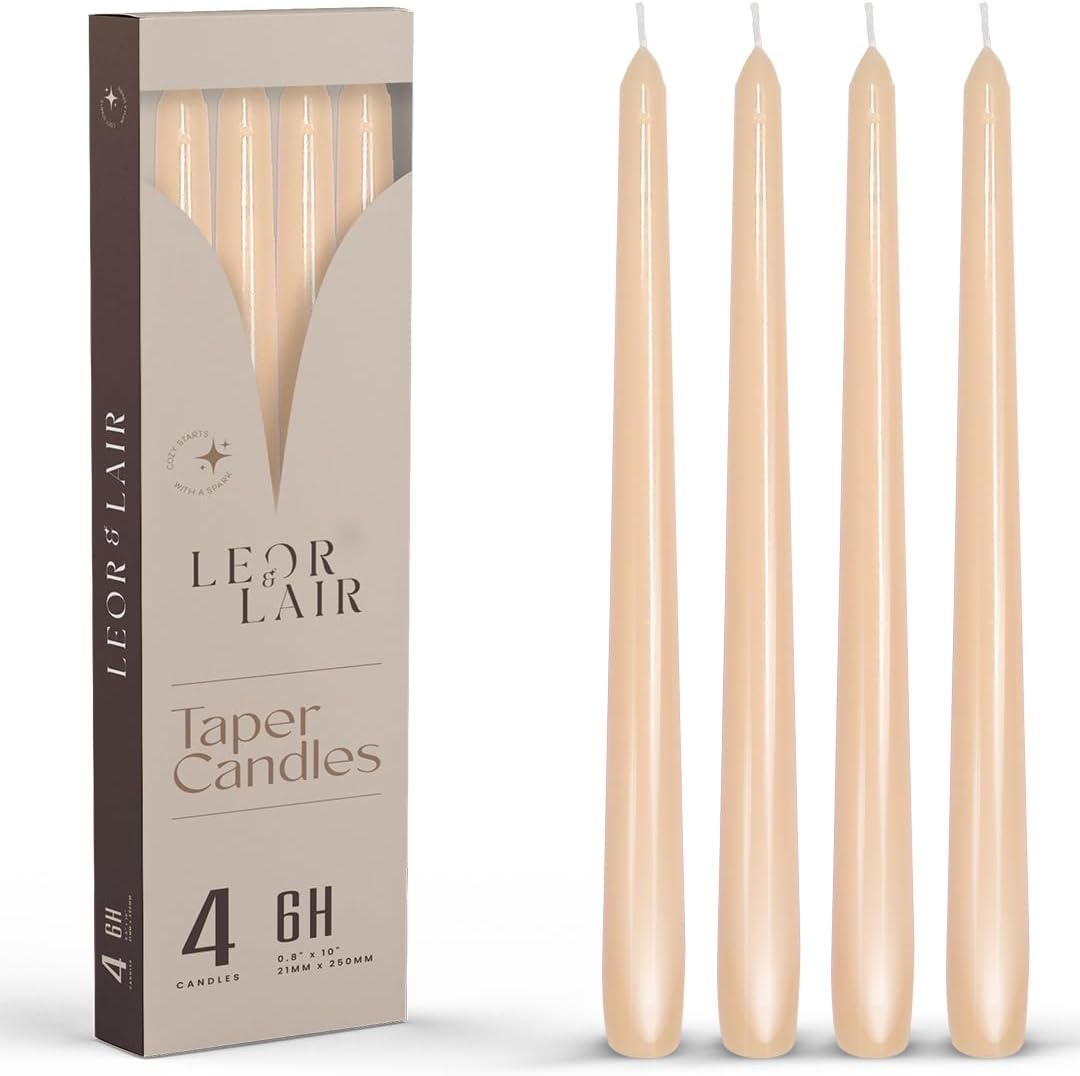 Leor & Lair Beige Taper Candles - 4 Pack 10" Beige Candlesticks - Unscented Long Burning Tapered Candles for Minimalist Decoration, Modern Weddings, Everyday Dining & Events