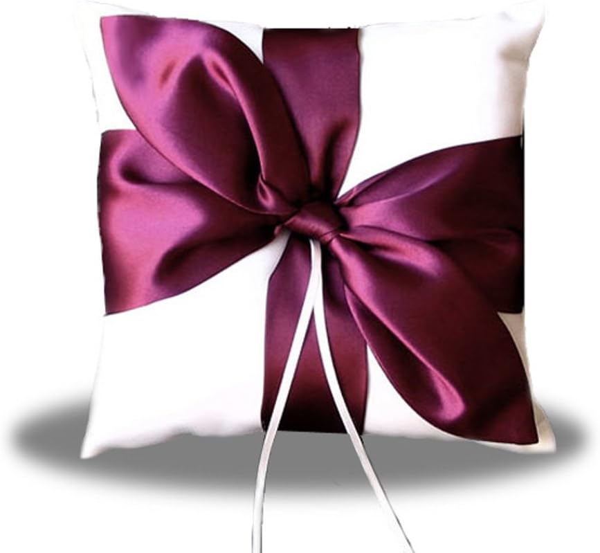 SACASUSA Burgundy Wine Satin Bow Ivory Wedding Ring Pillow Bearer