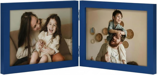 decorUhome Double 7x5 Picture Frame Horizontal, Engineered Wood Bifold Photo Frame with Plexiglass for Tabletop Display, 7x5, Royal Blue