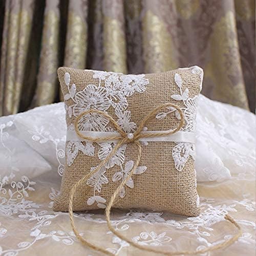 Ring Bearer Pillows Lace Bow Flower for Fall Wedding Ceremony with Vintage Rustic Lace Bow Pearl Embroidered Flower Ribbon (6 inch)